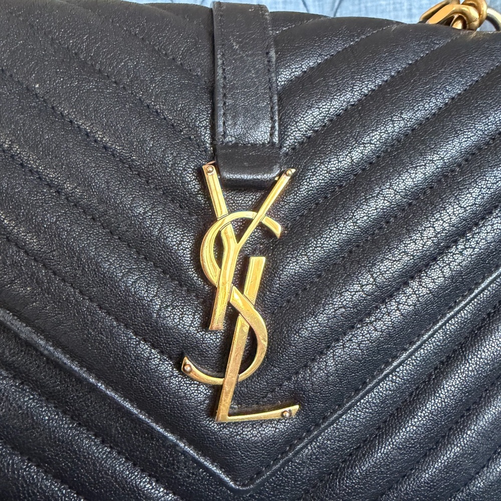 Saint Laurent Medium College Bag Black Chevron YSL Chain Shoulder Authentic - Picture 10 of 17